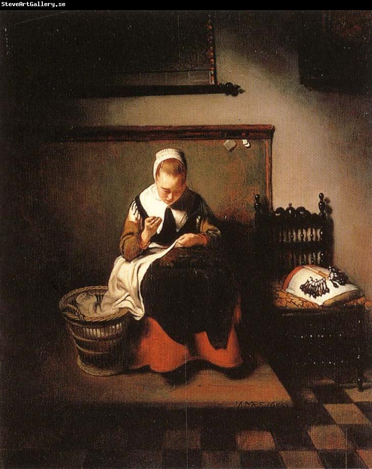 MAES, Nicolaes A Young Woman Sewing